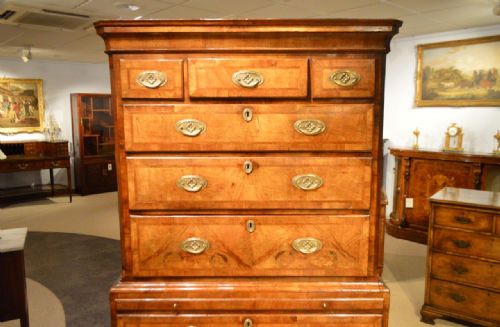 fig 1. A walnut George I Period antique chest on chest with brushing slide.