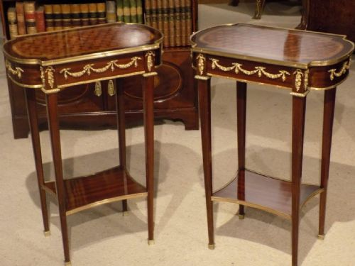 A Fine Quality Pair of French Mahogany, Kingwood and Parquetry Inlaid Late 19th Century Antique Side Tables