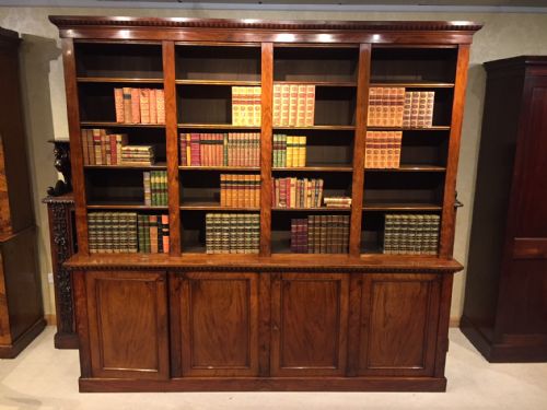 A Large Scale Figured Walnut Victorian Period Antique Library Bookcase with Open Shelves