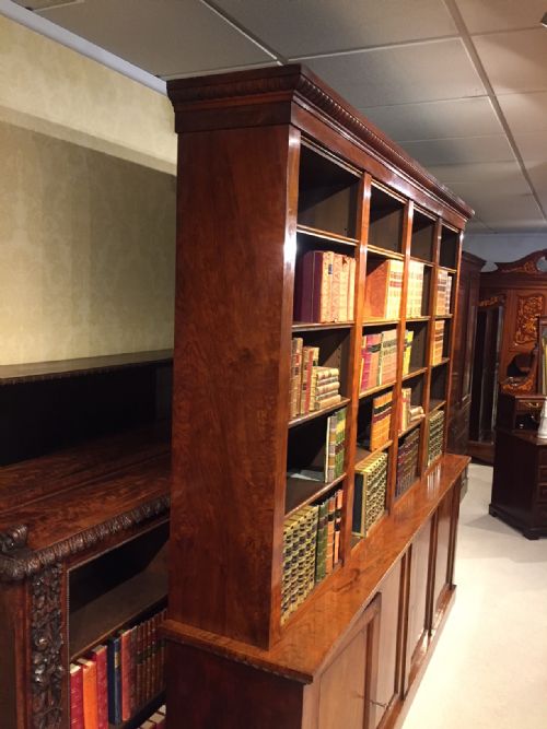 fig 1. A large scale figured walnut Victorian Period antique library bookcase with open shelves