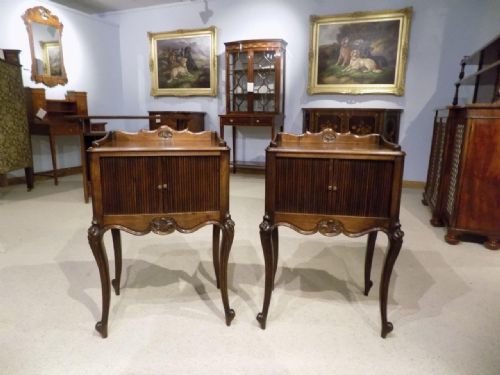 A Pair of Walnut Late 19th Century French Tambour Front Antique Bedside Cabinets.