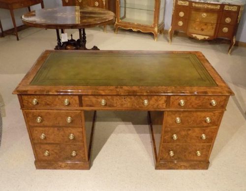 A Superior Quality Burr Walnut Victorian Period Antique Pedestal Desk.