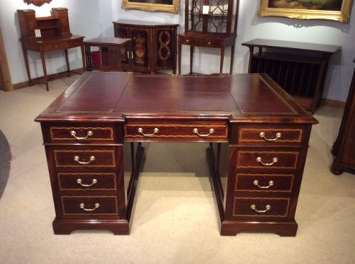 A Fine Quality Mahogany Inlaid Edwardian Period Antique Partners Desk by S & H Jewell of London.