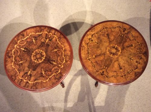 fig 1. A stunning near pair of burr walnut Victorian Period wine tables.