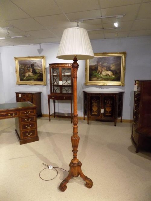 A Carved Satinwood Edwardian Period Standard Lamp