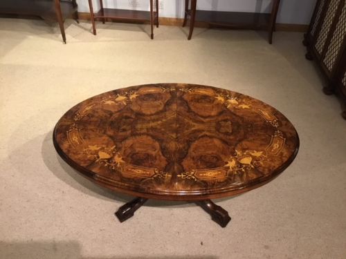 fig 1. A beautiful burr walnut & marquetry inlaid Victorian Period antique coffee table