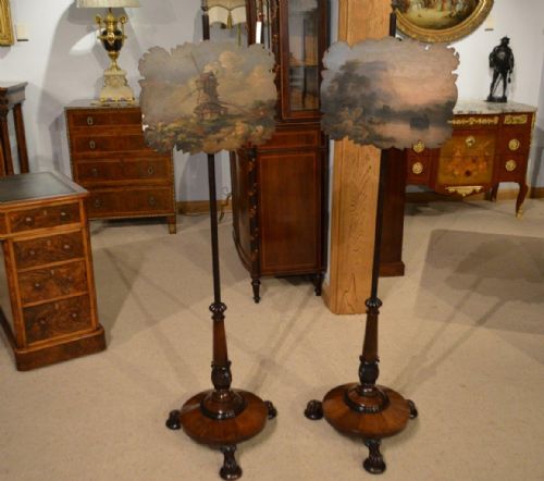 A Charming Pair of Rosewood Early Victorian Period  Antique Pole Screens.