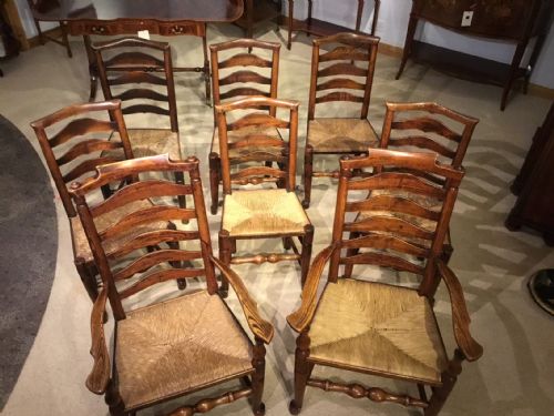 A Good Harlequin Set of 8 Mid 19th Century Ash and Elm Billinge Ladder Back Dining Chairs