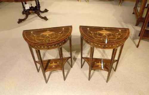 An Extremely Rare and Fine Pair of Rosewood, Marquetry & Pen-work Inlaid Edwardian Period Demi Lune Side Tables by Edwards & Roberts of London
