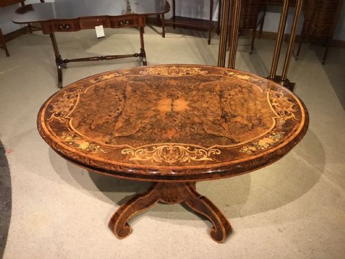 An Exhibition Quality Burr Walnut Marquetry Inlaid Victorian Period Oval Centre Table