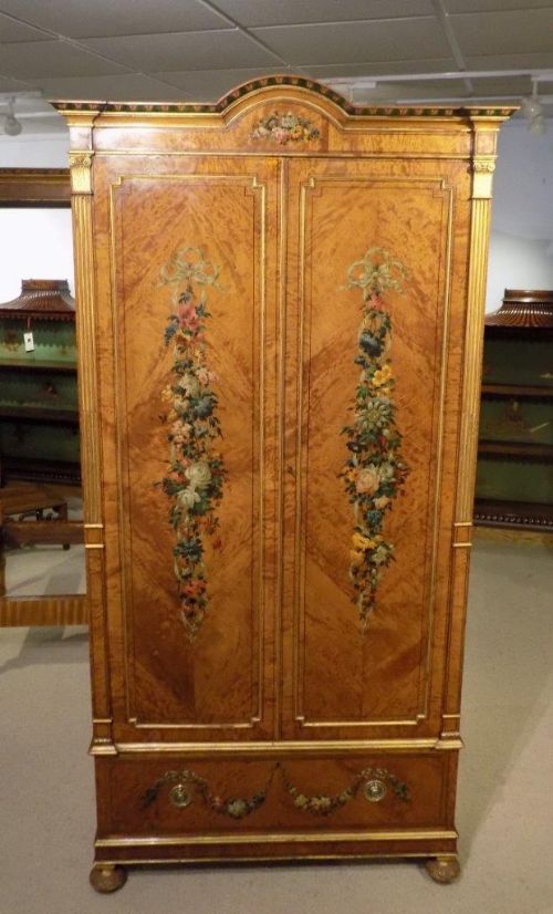 A Superb Sheraton Revival Satinwood Painted Wardrobe Originally Purchased from Harrods in London