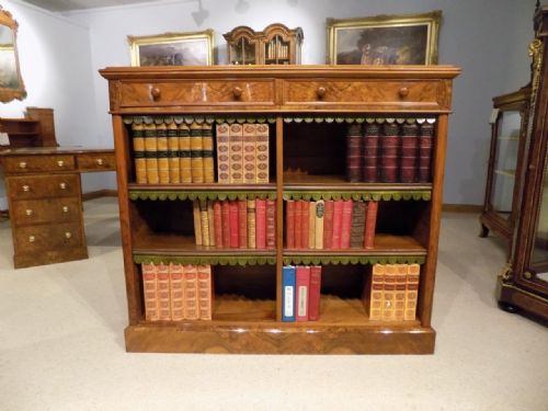 A Fine Quality Burr Walnut Victorian Period Antique Open Bookcase.