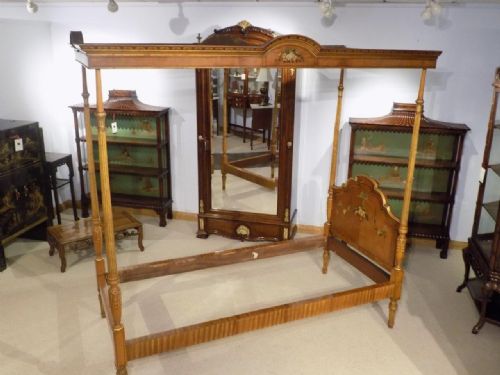 A Superb Sheraton Revival Satinwood Painted Single Four Poster Bed with Canopy