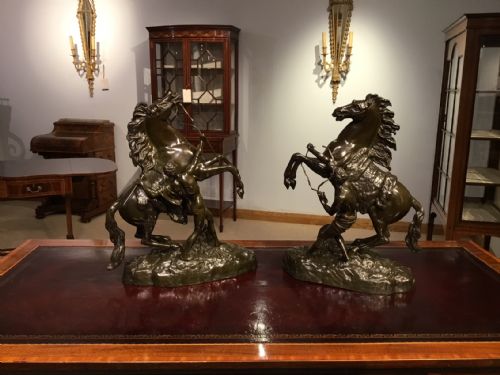 A Pair of French Classical 19th Century Bronze Marley Horses After Coustou