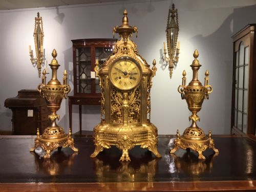 A Beautiful Late 19th Century French Ormolu Clock Garniture with a Japy Freres Movement.