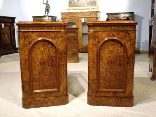 A Pair of Burr Walnut Victorian Period Antique Bedside Cabinets.