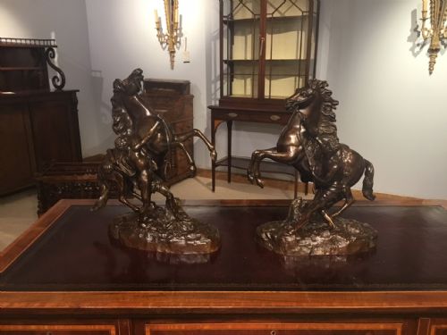 A Pair of French Classical 19th Century Bronze Marley Horses After Coustou