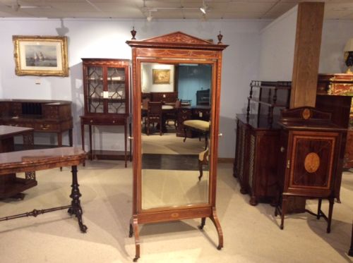 A Good Mahogany Inlaid Edwardian Period Cheval Dressing Mirror