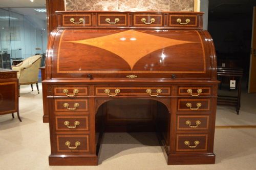 A Stunning Quality Large Late Victorian Period  Mahogany and Satinwood Cylinder Desk