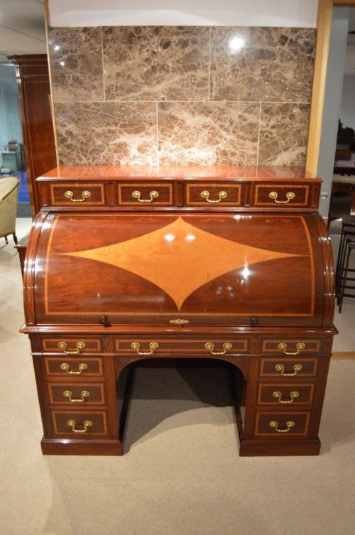 fig 1. A stunning quality large Late Victorian Period mahogany and satinwood cylinder desk