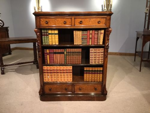 A Fine Quality Victorian Period Burr Walnut Open Bookcase.