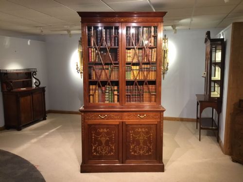 A Superb Quality Marquetry Inlaid Edwardian Period Antique Bookcase
