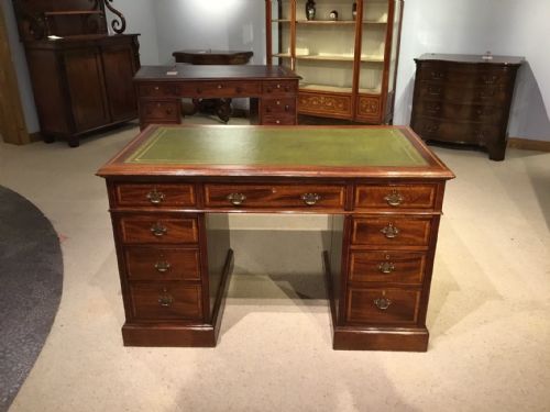 A Mahogany and Satinwood Banded Edwardian Period Antique Pedestal Desk