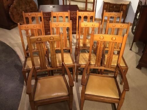 A Good Set of 10 Oak Arts & Crafts Period Dining Chairs by Shapland & Petter of Barnstaple