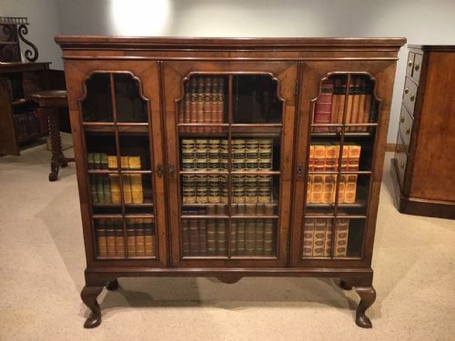 A Beautiful Walnut Edwardian Period Three Door Bookcase in the Georgian Style