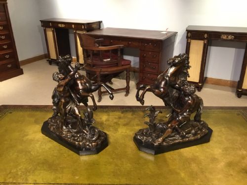 A Pair of French Classical 19th Century Bronze Marley Horses After Coustou