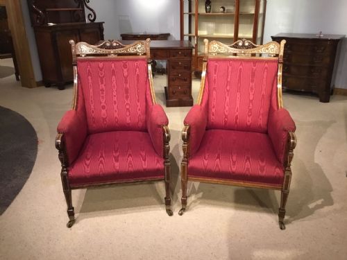 A Superb Quality Pair of Rosewood, Ivory & Silver Inlaid Victorian Armchairs.