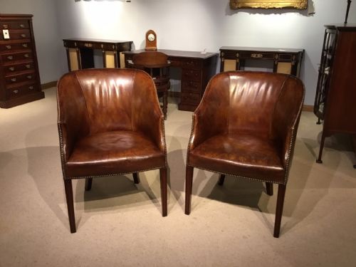 A Good Pair of Mahogany & Leather Brass Studded Edwardian Period Club Armchairs.