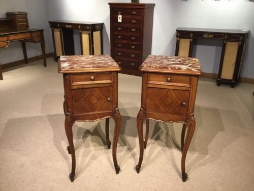 A Good Pair of Walnut Marble Top French Antique Bedside Cabinets