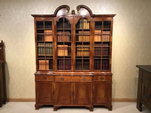 A Superb Figured Walnut 1920s Period Antique Breakfront Bookcase.