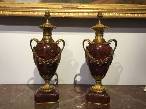 A Pair of Fine Quality French 19th Century Rouge Marble and Ormolu Mounted Cassolettes