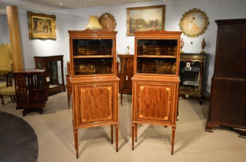 A Pair of Edwardian Period Fiddleback Mahogany Inlaid Display Cabinets.