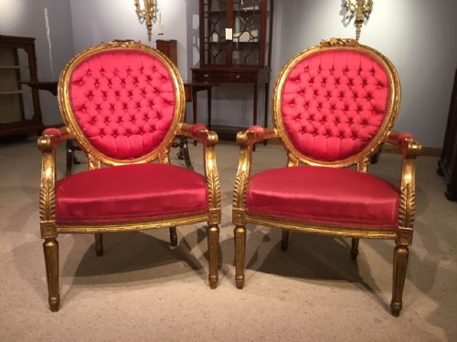 A Good Pair of  French Louis Xvi Style Gilt Wood Carved Fauteuils.