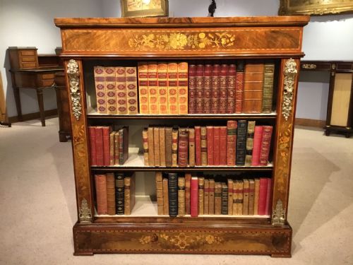 A Burr Walnut & Marquetry Inlaid Victorian Period Antique Open Bookcase.