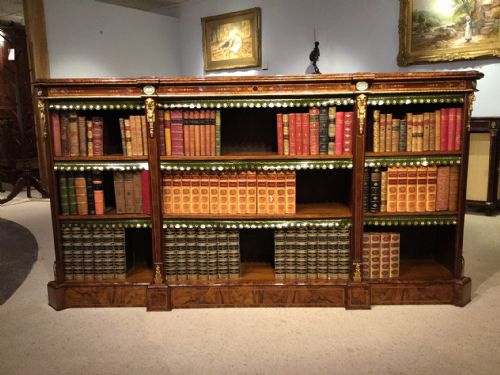 An Exhibition Quality Burr Walnut, Ormolu Mounted and Marquetry Inlaid Victorian Period Antique Bookcase