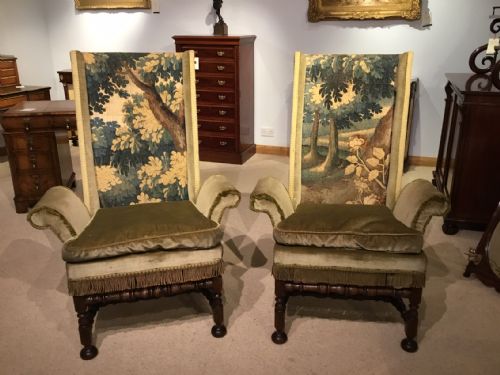 A Pair of Oak and Tapestry 18th Century Style Armchairs.