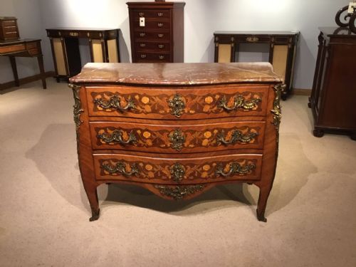A Louis Xvi Style Kingwood & Rosewood Marquetry Inlaid Marble Topped Commode.