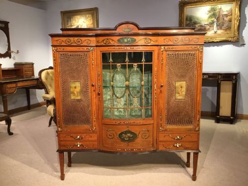 A Superb Quality Satinwood Sheraton Revival Cabinet with Polychrome Detail