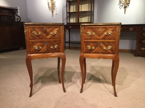 A Pair of Kingwood and Parquetry French Antique Bedside Cabinets