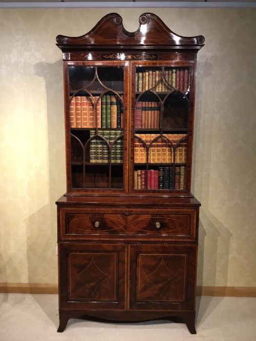 A Good Edwardian Period Mahogany Inlaid Secretaire Bookcase