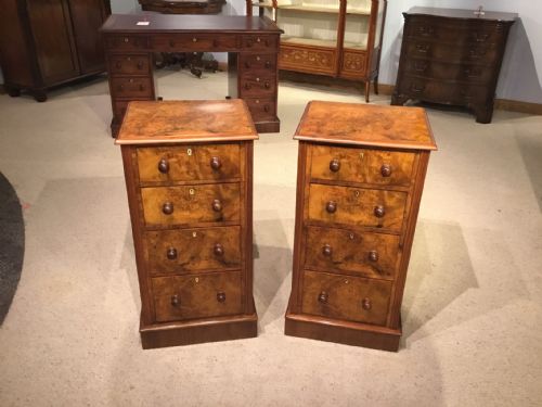 A Pair of Burr Walnut Victorian Period Bedside Chests.