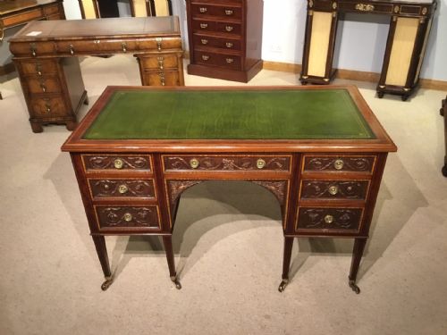 A Stunning Quality Mahogany Inlaid Late Victorian Period Antique Desk by James Shoolbred.