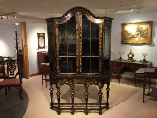 A Highly Decorative William & Mary Style Antique Chinoiserie Cabinet on Stand.