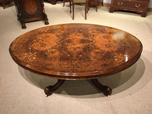 A Fine Quality Burr Walnut Victorian Period Oval Antique Coffee Table.