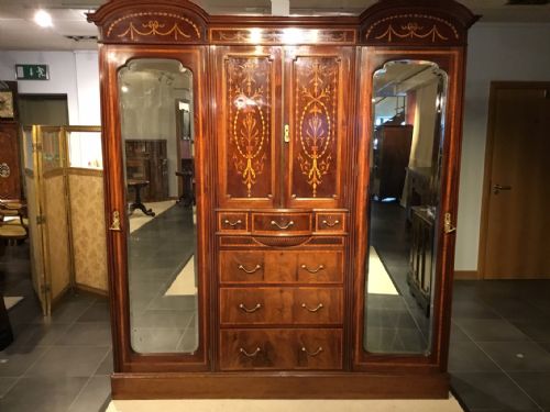 fig 1. A superb quality marquetry inlaid Edwardian Period antique princess wardrobe. 