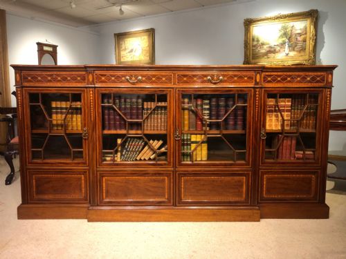 A Superb Quality Mahogany Inlaid Edwardian Period Breakfront Bookcase by Shoolbred of London